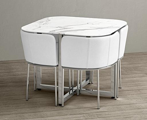 Rhodes White Marble Stowaway Dining Table with White High Back