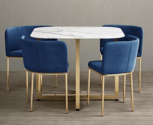 Rhodes White Marble Gold Leg Stowaway Dining Table with Blue