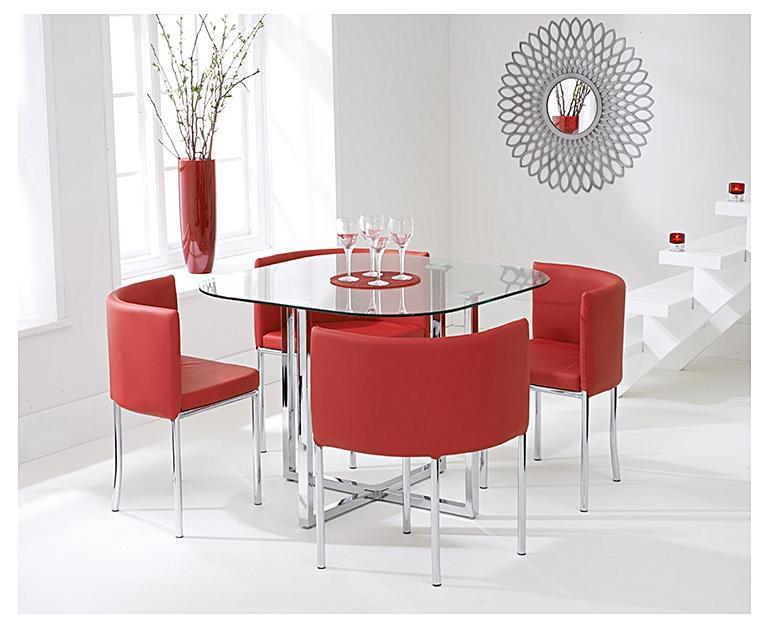 Algarve Glass Stowaway Dining Table With Red High Back Stools