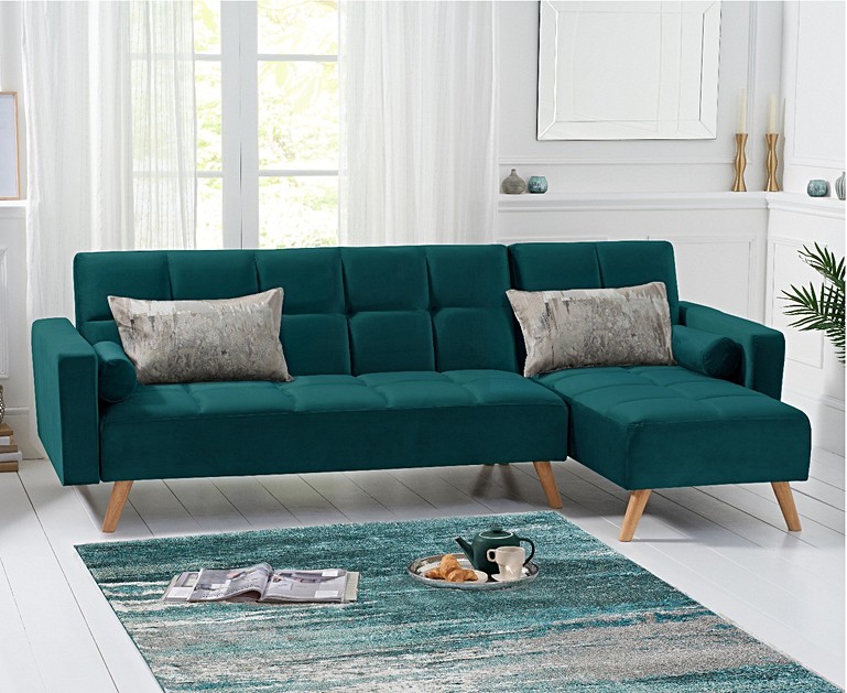Ana Green Velvet 3 Seater Corner Sofa Bed  With Right Facing Chaise