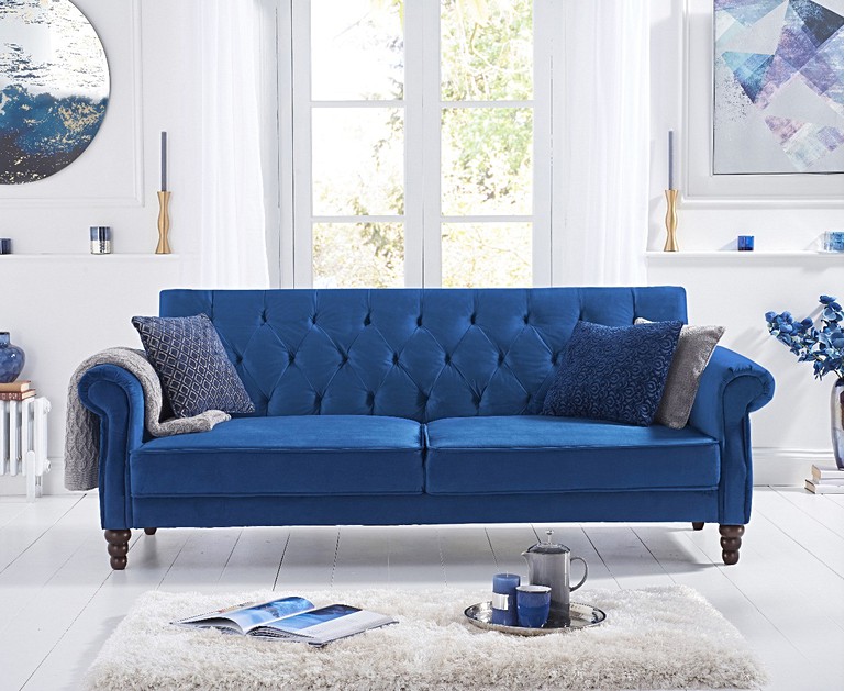  Orlando Blue Velvet 3 Seater Fold Down Sofa Bed