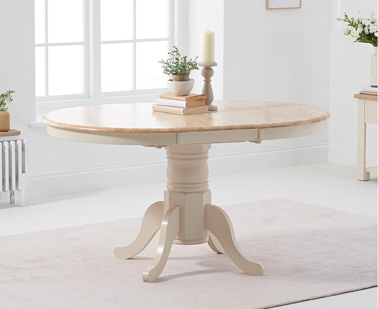 Extending Epsom Cream Painted Pedestal Dining Table with Clara Fabric