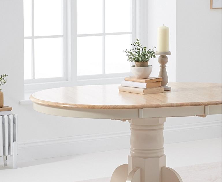 Extending Epsom Cream Painted Pedestal Dining Table with Clara Fabric