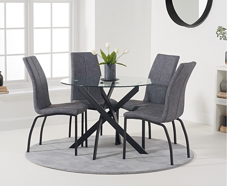Mara 100cm Round Glass Dining Table with Antique Noir Chairs