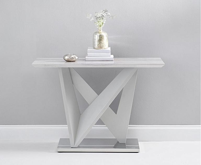 Marcella Marble Effect High Gloss Light Grey Console Table Oak