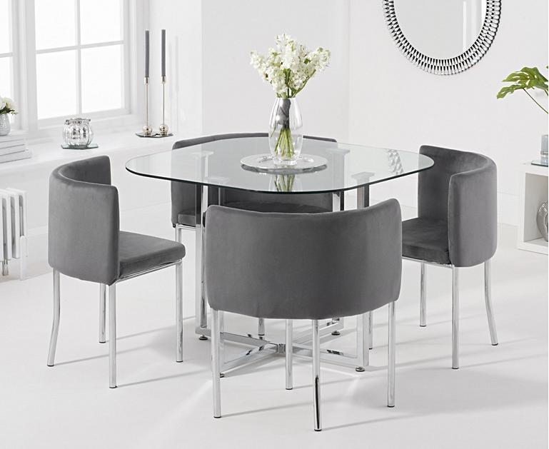 Algarve Glass Stowaway Dining Table with Grey Velvet High ...
