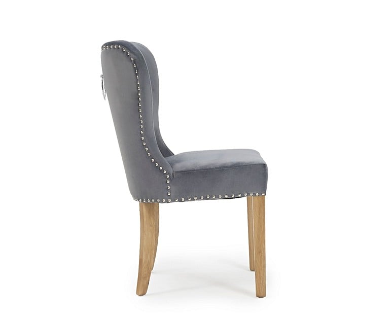 Knightsbridge Studded Grey Velvet Oak Leg Dining Chairs