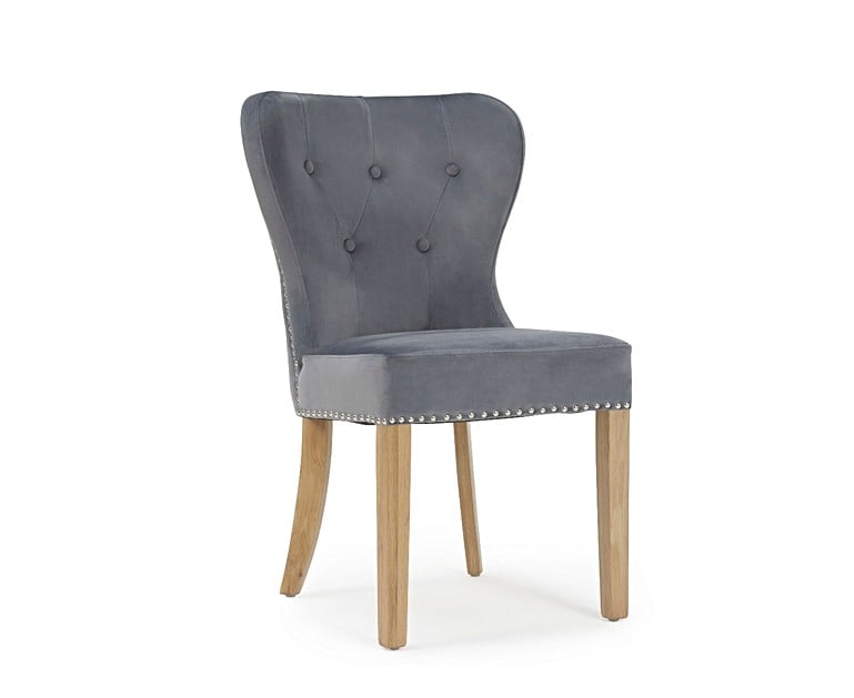 Knightsbridge Studded Grey Velvet Oak Leg Dining Chairs