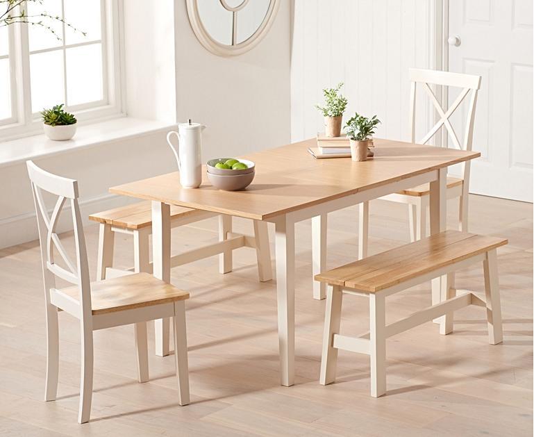 Chiltern 120cm Extending Cream And Oak Table With Epsom Chairs and Bench