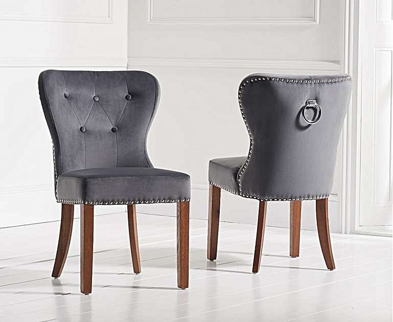 Knightsbridge Studded Grey Plush Dark Oak Leg Dining Chairs