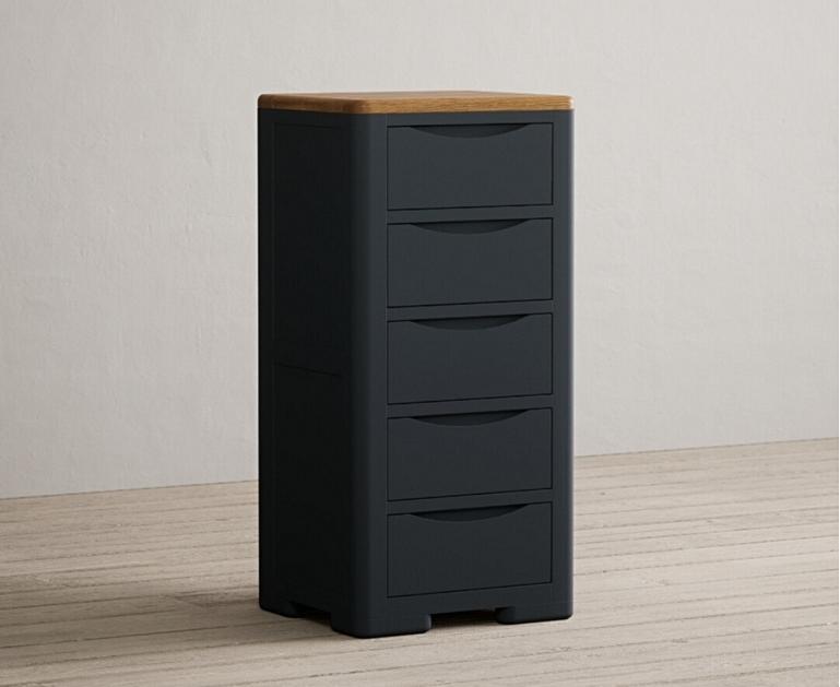 Pembridge Oak and Dark Blue Painted 5 Drawer Tallboy Oak Furniture