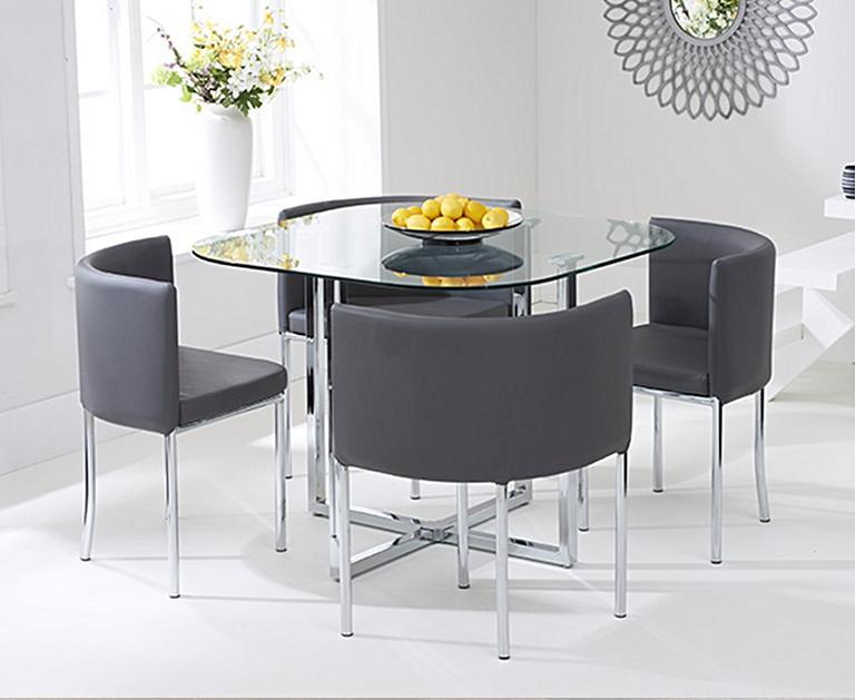 Algarve Glass Stowaway Dining Table with Grey High Back Stools