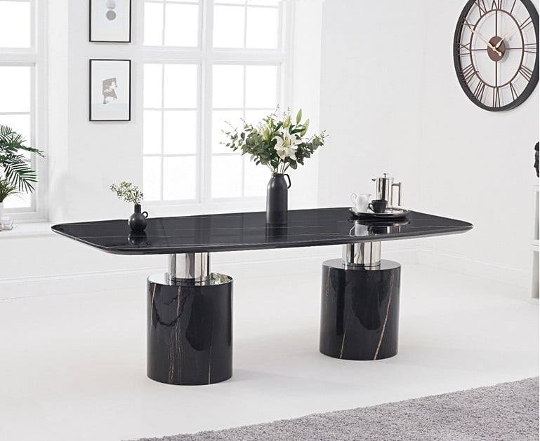 Antonio 220cm Black Marble Dining Table, New Haven Dining Table And 6 Windsor Side Chairs Uk
