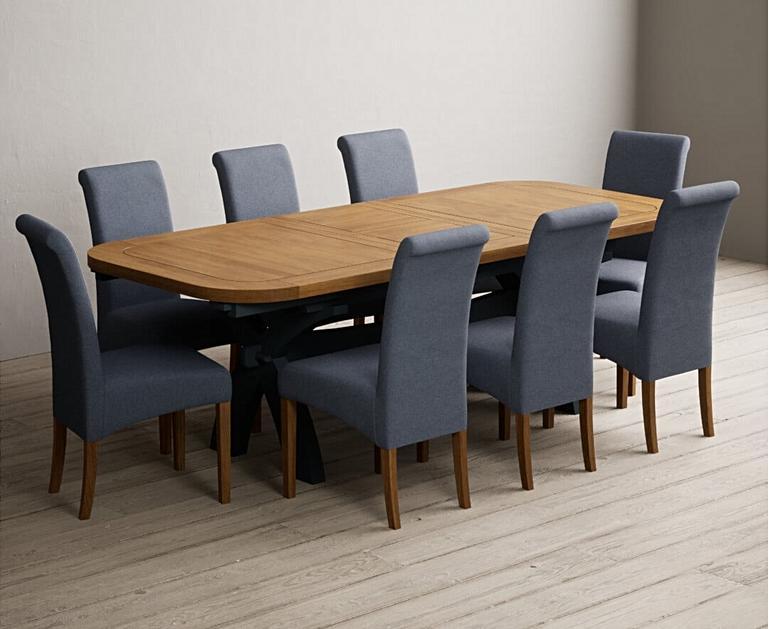 Olympia 180cm Oak and Dark Blue Extending Dining Table with Scroll Back