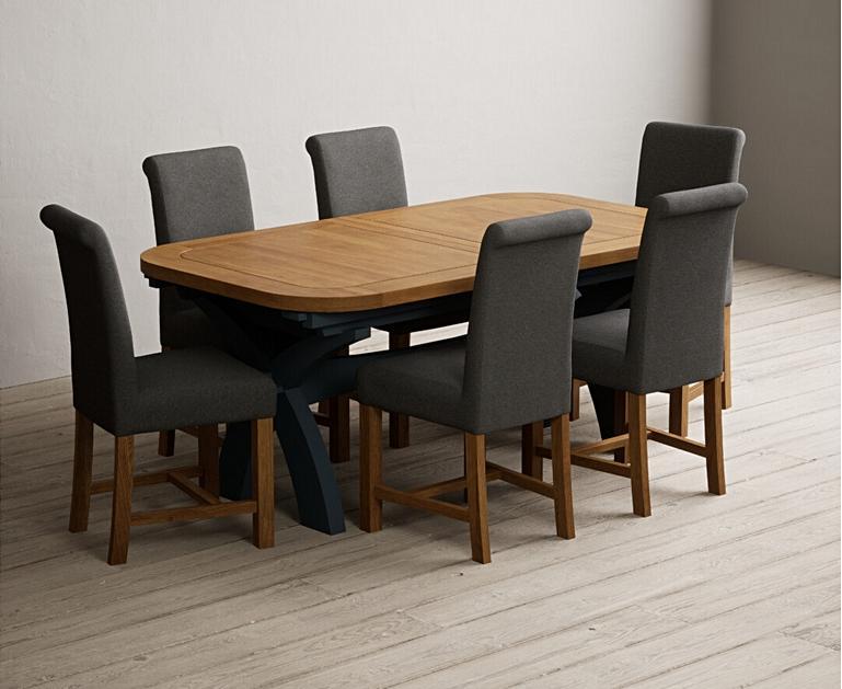 Olympia 180cm Oak and Dark Blue Extending Dining Table with Scroll Back