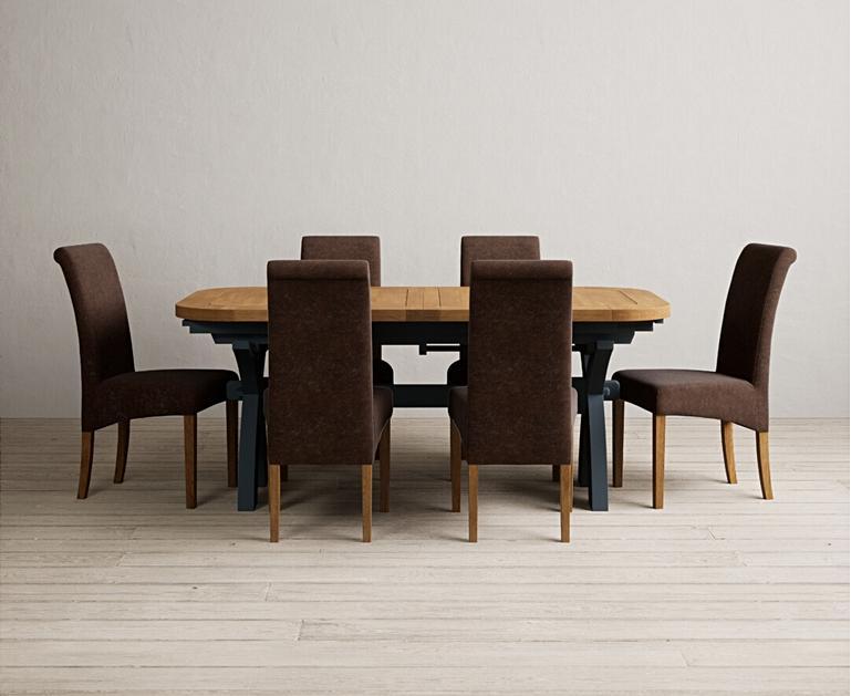 Olympia 180cm Oak and Dark Blue Extending Dining Table with Scroll Back
