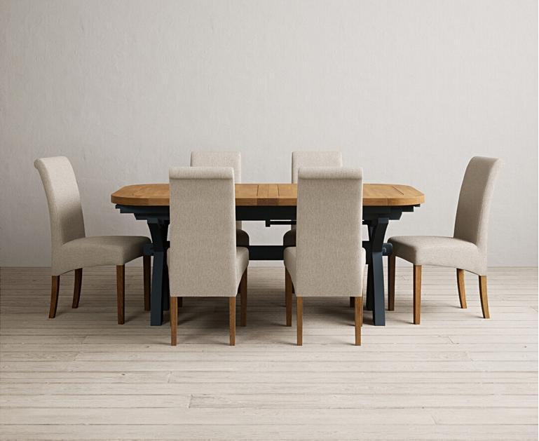 Olympia 180cm Oak and Dark Blue Extending Dining Table with Scroll Back
