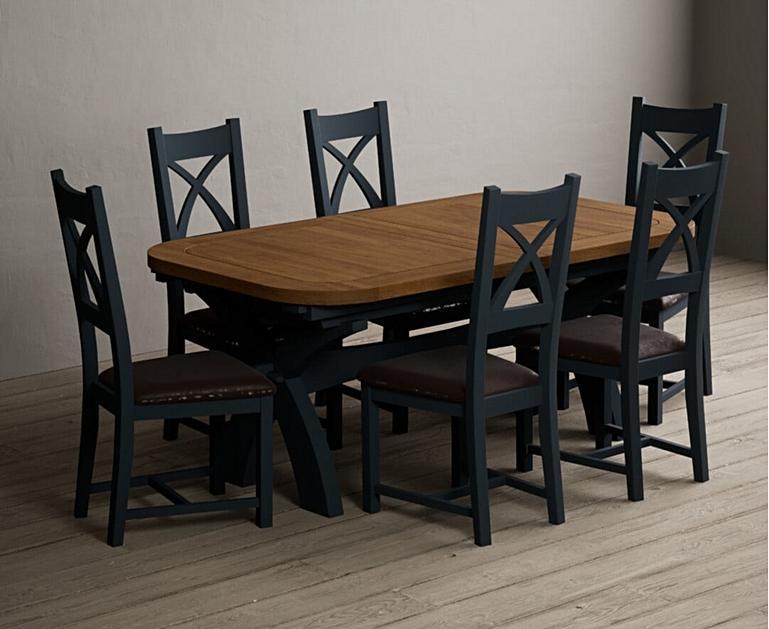 Extending Olympia 180cm Oak and Dark Blue Dining Table with X Back