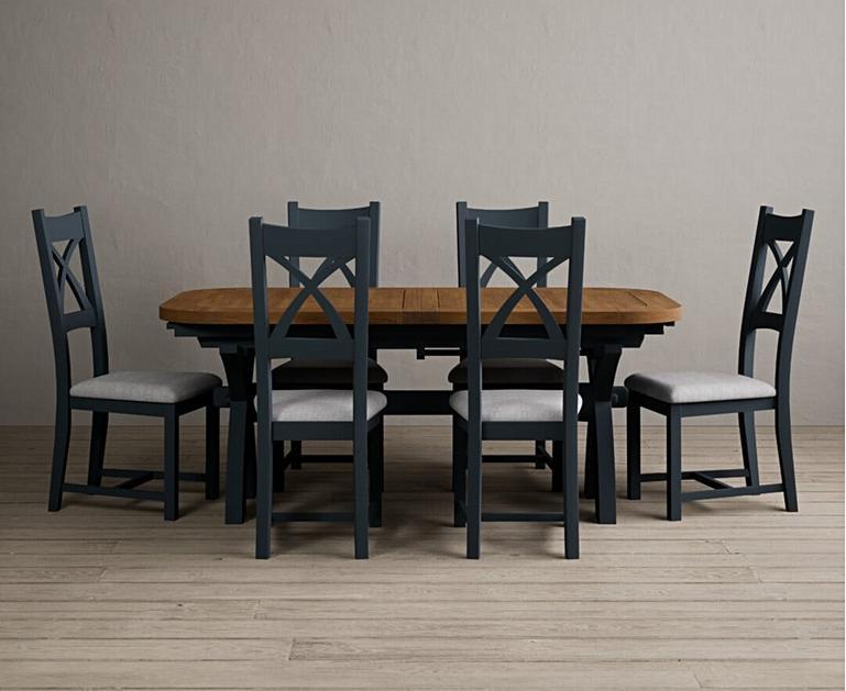 Extending Olympia 180cm Oak and Dark Blue Dining Table with X Back