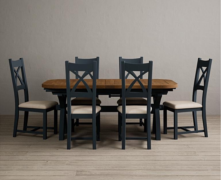 Extending Olympia 180cm Oak and Dark Blue Dining Table with X Back