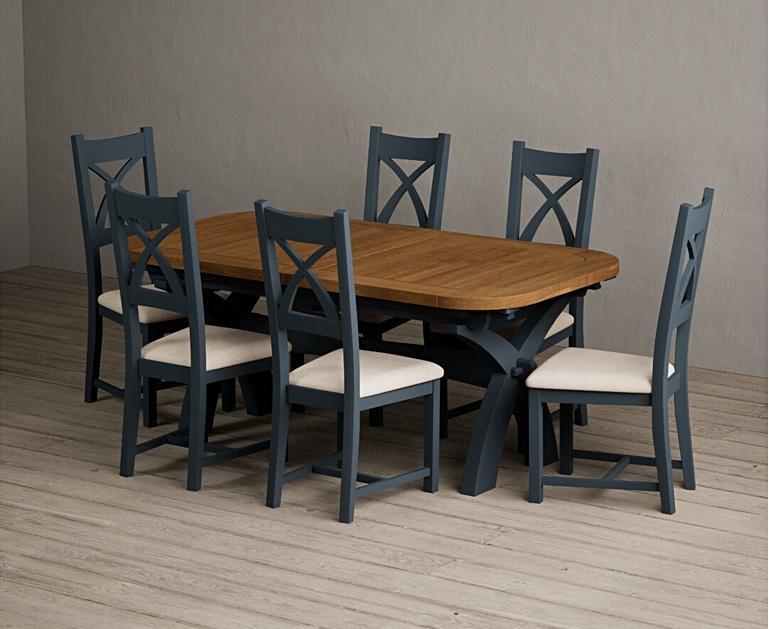 Extending Olympia 180cm Oak and Dark Blue Dining Table with X Back