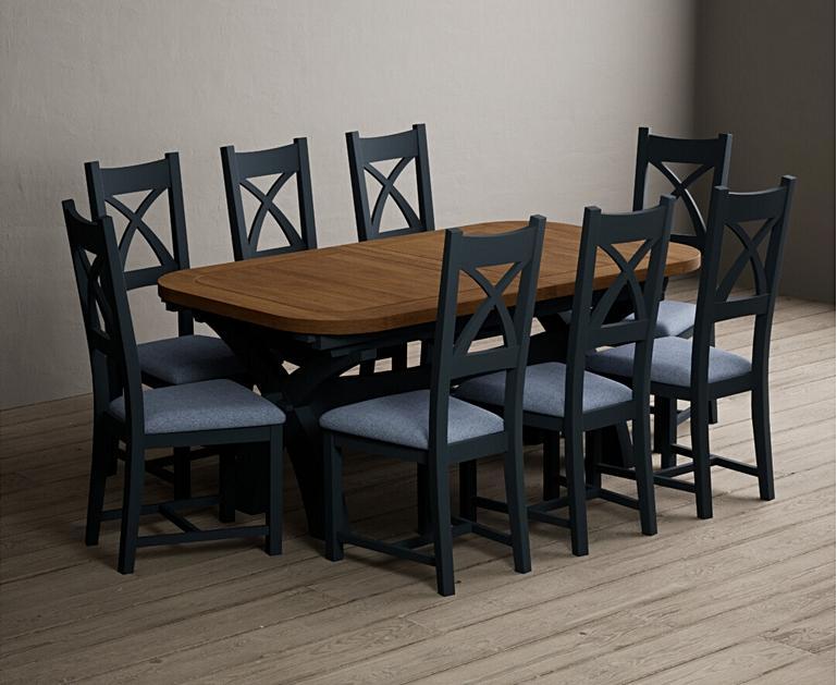 Extending Olympia 180cm Oak and Dark Blue Dining Table with X Back