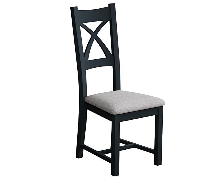Painted Dark Blue X Back Dining Chairs with Light Grey Fabric Seat Pad