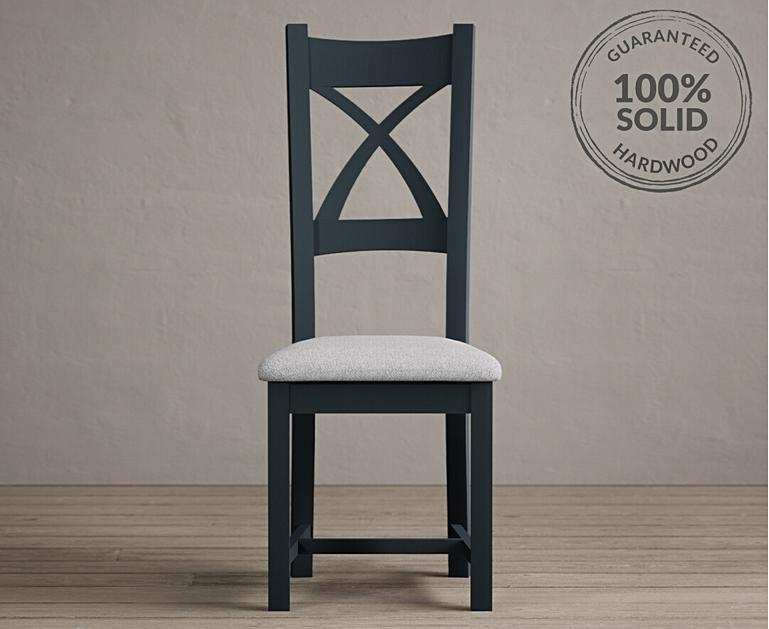 Painted Dark Blue X Back Dining Chairs with Light Grey Fabric Seat Pad Oak Furniture Superstore