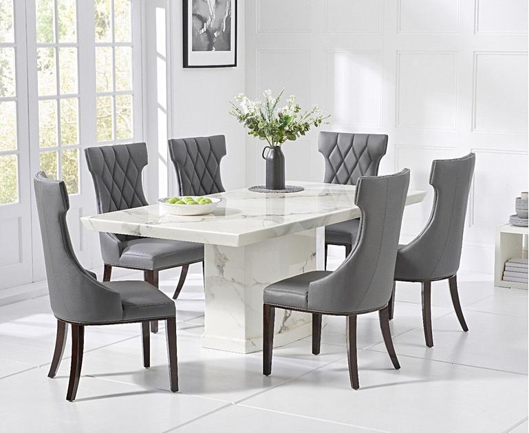 Carvelle 160cm White Pedestal Marble Dining Table with Freya Chairs