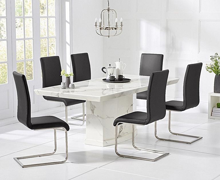 Carvelle 200cm White Pedestal Marble Dining Table with Austin Chairs