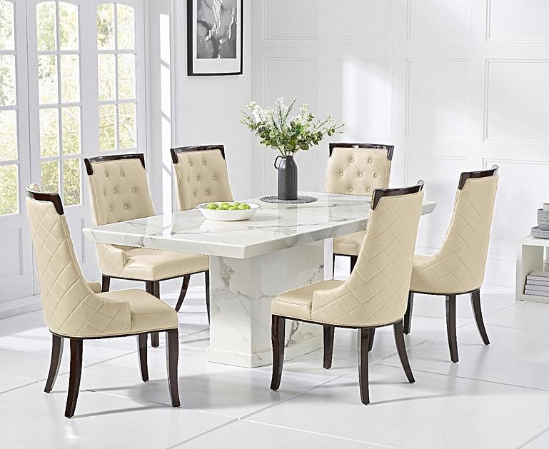 Carvelle 200cm White Pedestal Marble Dining Table with Francesca Chairs