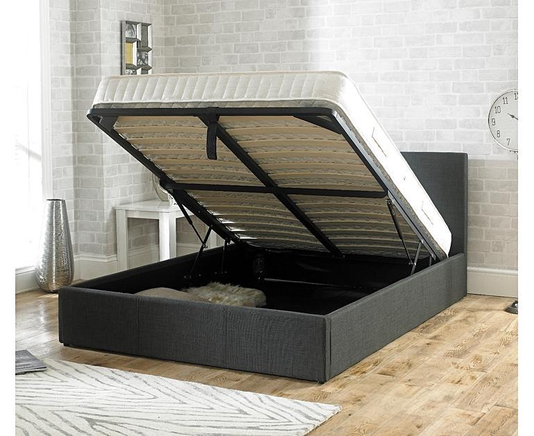 Sterling Fabric Charcoal Fabric Ottoman King Size Bed Oak Furniture