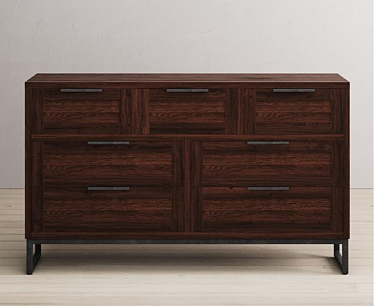Dakota Dark Acacia and Metal Wide Chest Of Drawers Oak Furniture