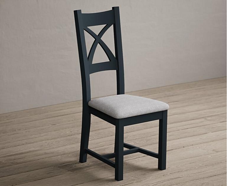 Painted Dark Blue X Back Dining Chairs with Light Grey Fabric Seat Pad