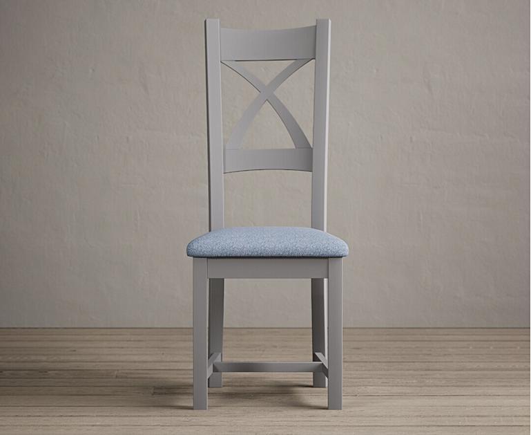 Painted Light Grey X Back Dining Chairs with Sky Blue Fabric Seat Pad