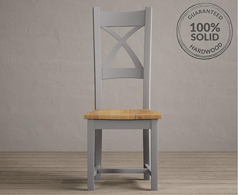 Painted Light Grey X Back Dining Chairs with Oak Seat Pad Oak