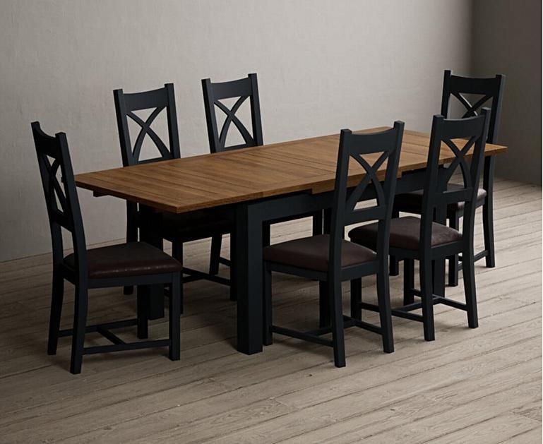 Extending Buxton 140cm Oak and Dark Blue Dining Table with X Back