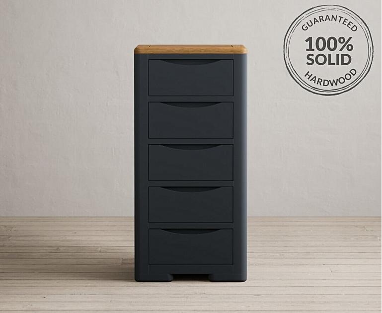 Pembridge Oak and Dark Blue Painted 5 Drawer Tallboy Oak Furniture