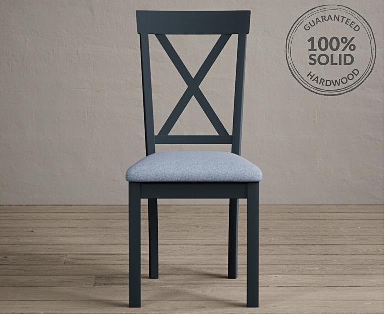 Hertford Dark Blue Dining Chairs with Sky Blue Fabric Seat Pad Oak