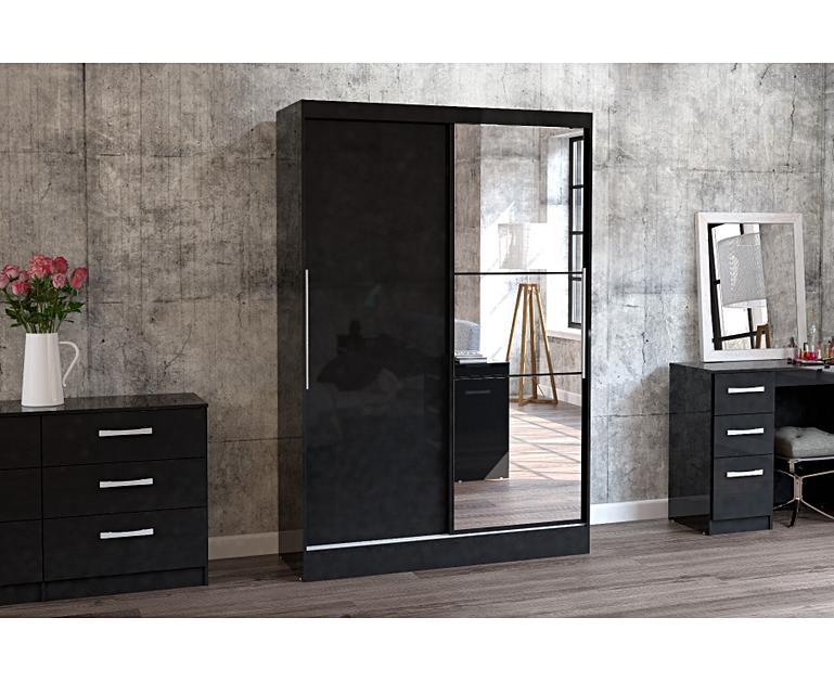 Adalee Black 2 Door Sliding Wardrobe with Mirror Oak Furniture Superstore