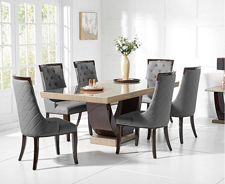 Novara 170cm Brown Pedestal Marble Dining Table with Francesca Chairs