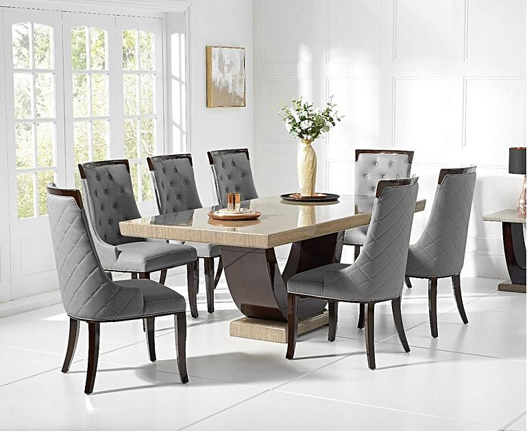 Novara 200cm Brown Pedestal Marble Dining Table with Francesca Chairs