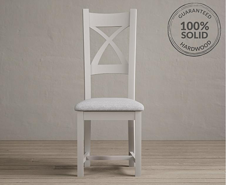 Painted Soft White X Back Dining Chairs with Light Grey Fabric Seat Pad