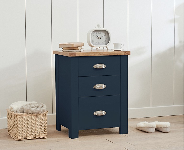 Somerset Oak and Blue Tall 3 Drawer Bedside Table