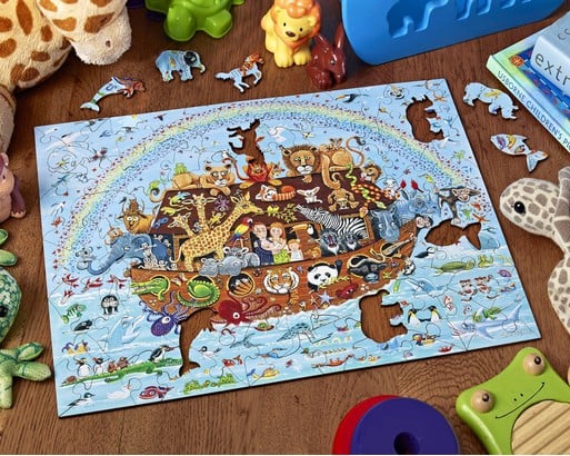 A quick little wooden puzzle from Quordle. Noah's Ark 125 pieces.  Surprisingly good fit for the price and fun whimsies. : r/Jigsawpuzzles